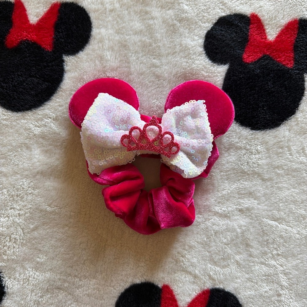 Pink Velvet Mouse Ears Scrunchie White Sequin Bow Tiara Princess - AC1573